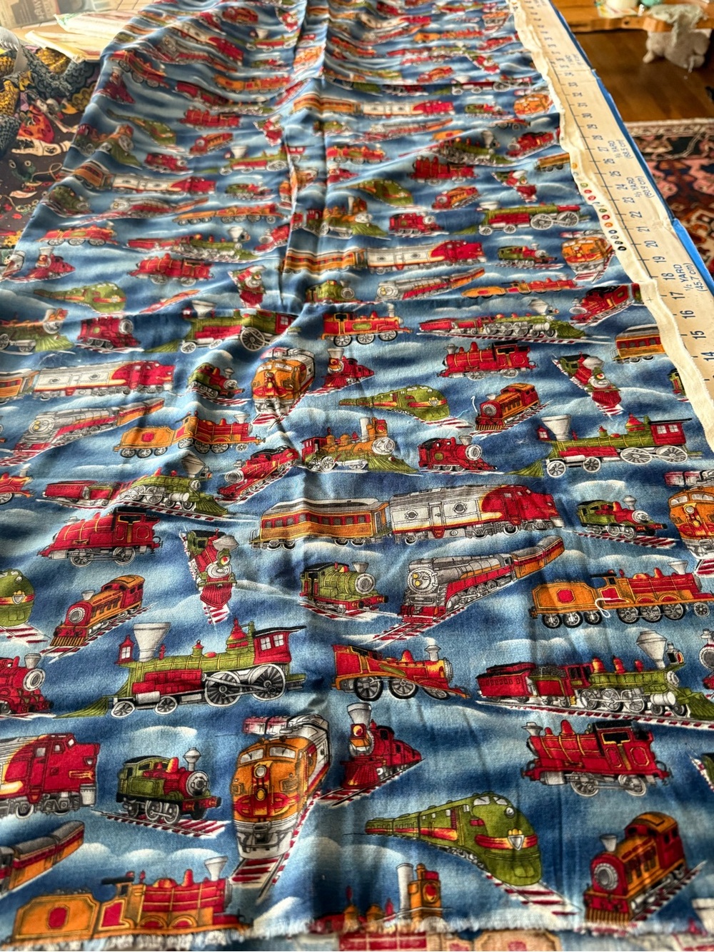 Kids Fabric / train - Blue with Red & Green Train Print